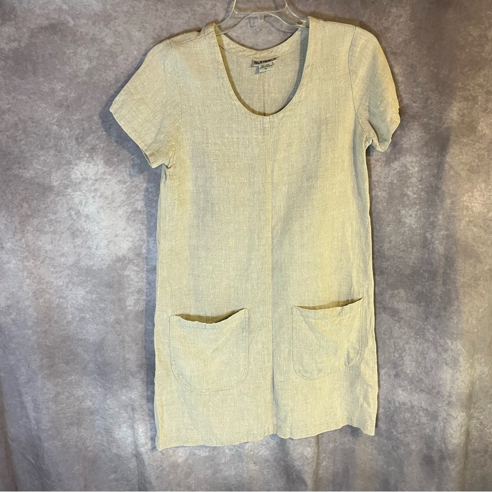 Sunbelt‎ Beige Linen Shift Dress Summery Rustic Minimalist Medium Pockets